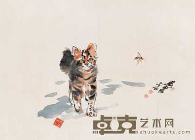 黄冑 戏猫图 立轴 45×61cm